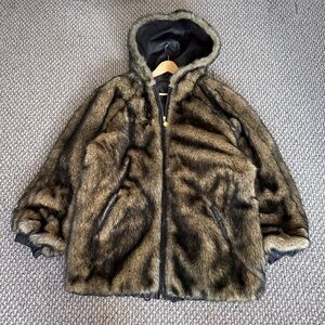 Vintage Reversible Fur Leather Hooded Coat Brown Women’s XL Chocolate Brown
